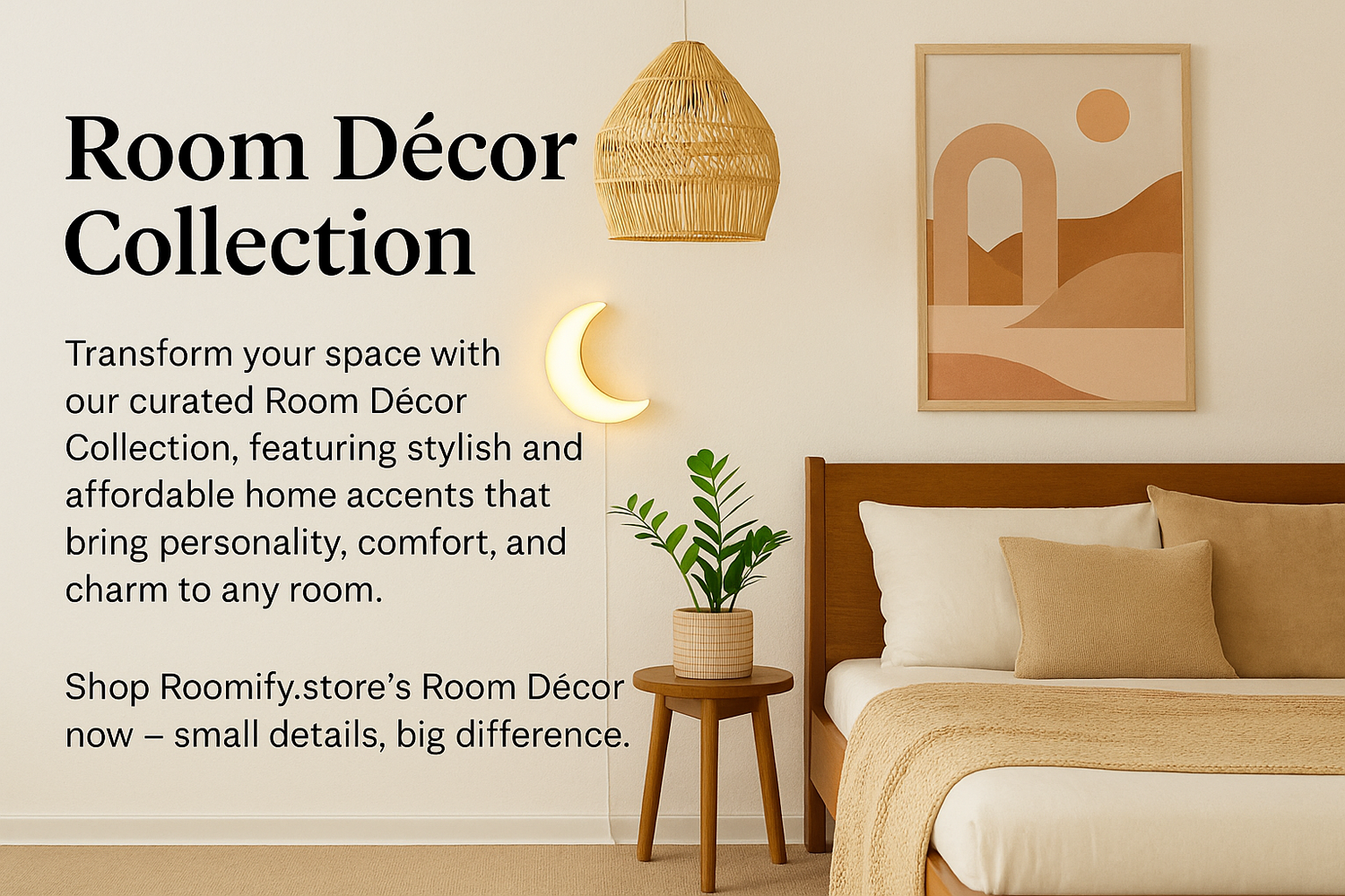 Stylish room décor collection featuring cozy bedding, warm lighting, modern wall art, and decorative accents designed to enhance any living space with comfort and personality.